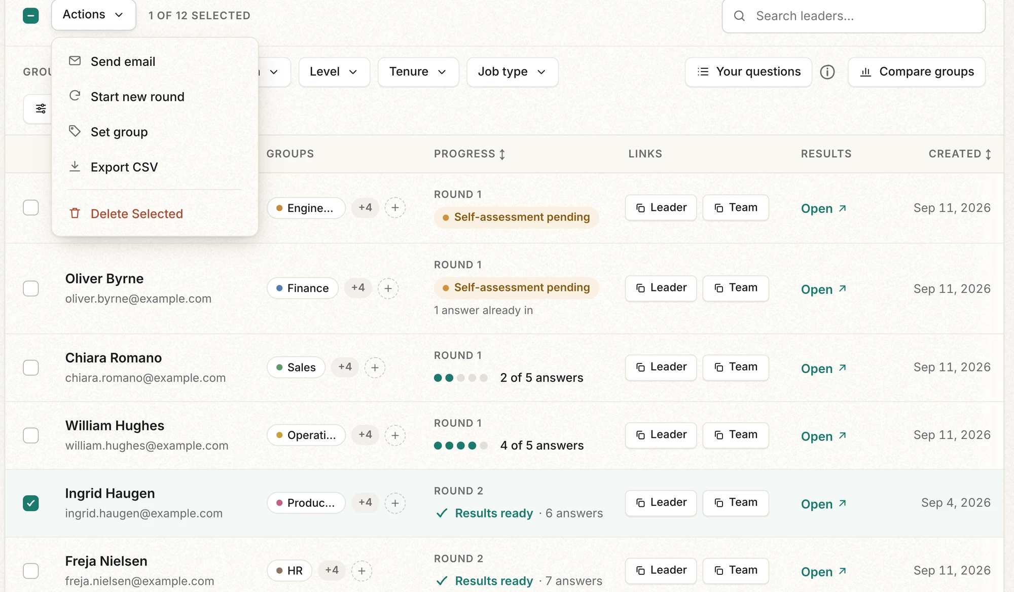 The "Actions" menu open on the admin dashboard with one leader ticked, showing "Start new round" among the actions.