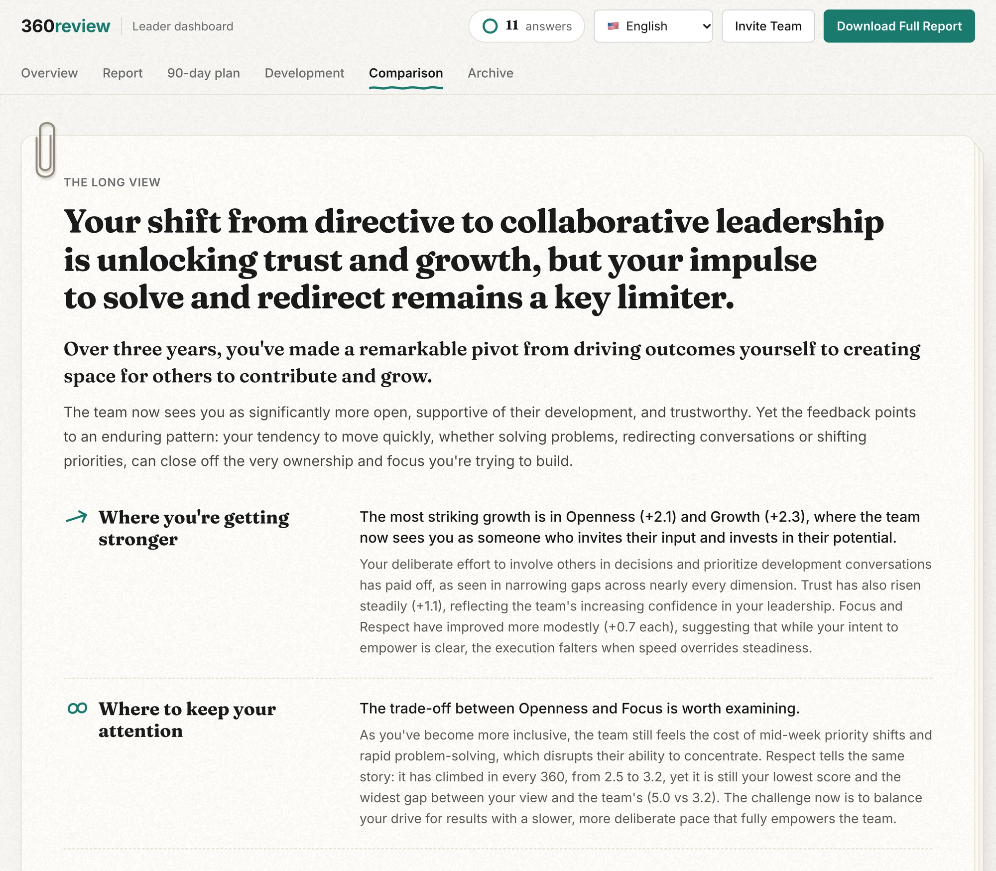 The Comparison tab on the leader dashboard: a written analysis of what got stronger and where to keep attention across 360s.