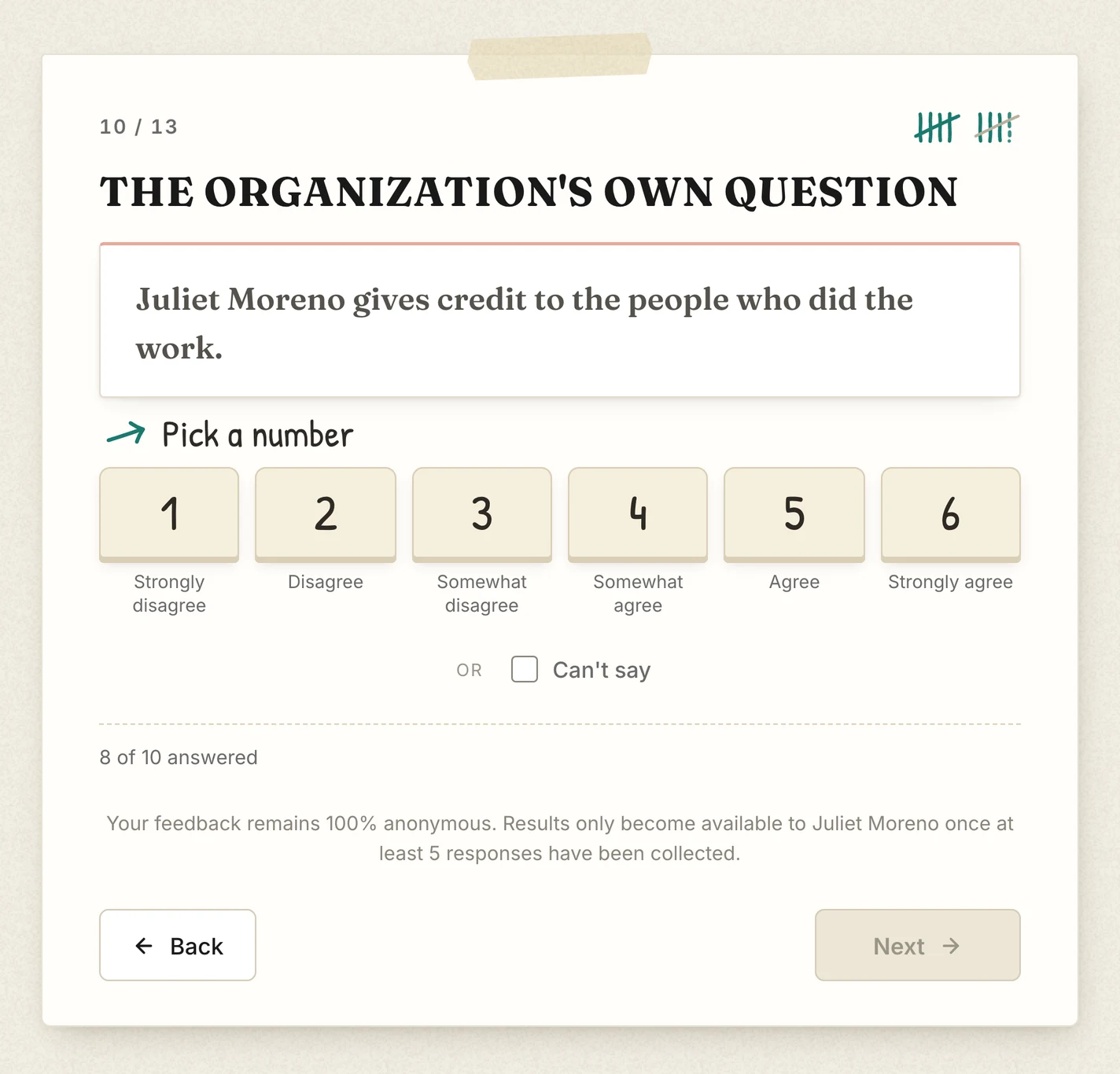 Step 10 of 13 on the feedback form, headed The organization's own question, with the statement and the same 1 to 6 scale.