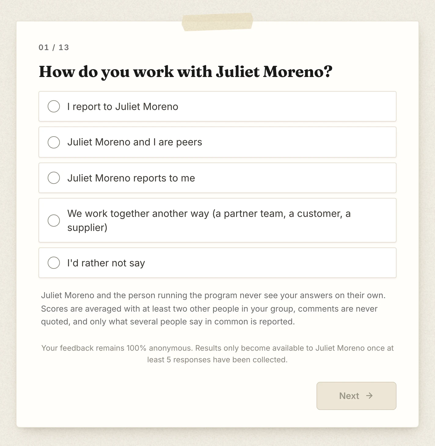The first step of the feedback form: "How do you work with Juliet Moreno?", with 5 options from "I report to Juliet Moreno" to "I'd rather not say".