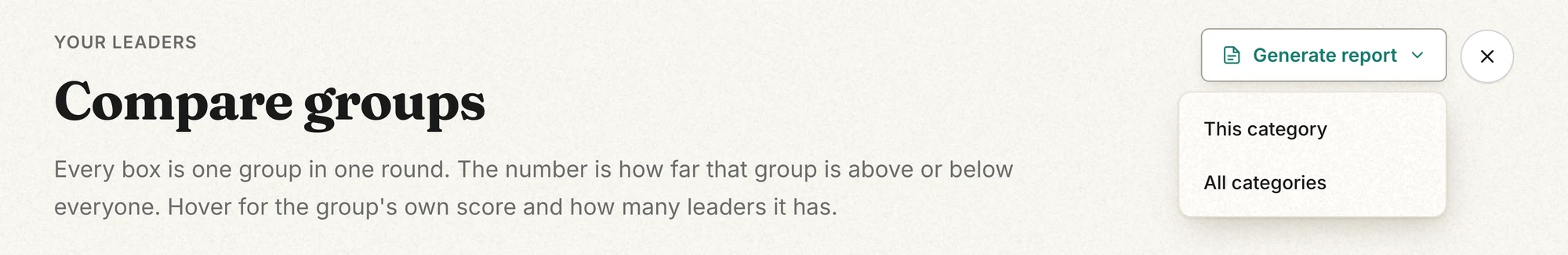 The "Compare groups" view with the "Generate report" menu open, offering "This category" and "All categories".