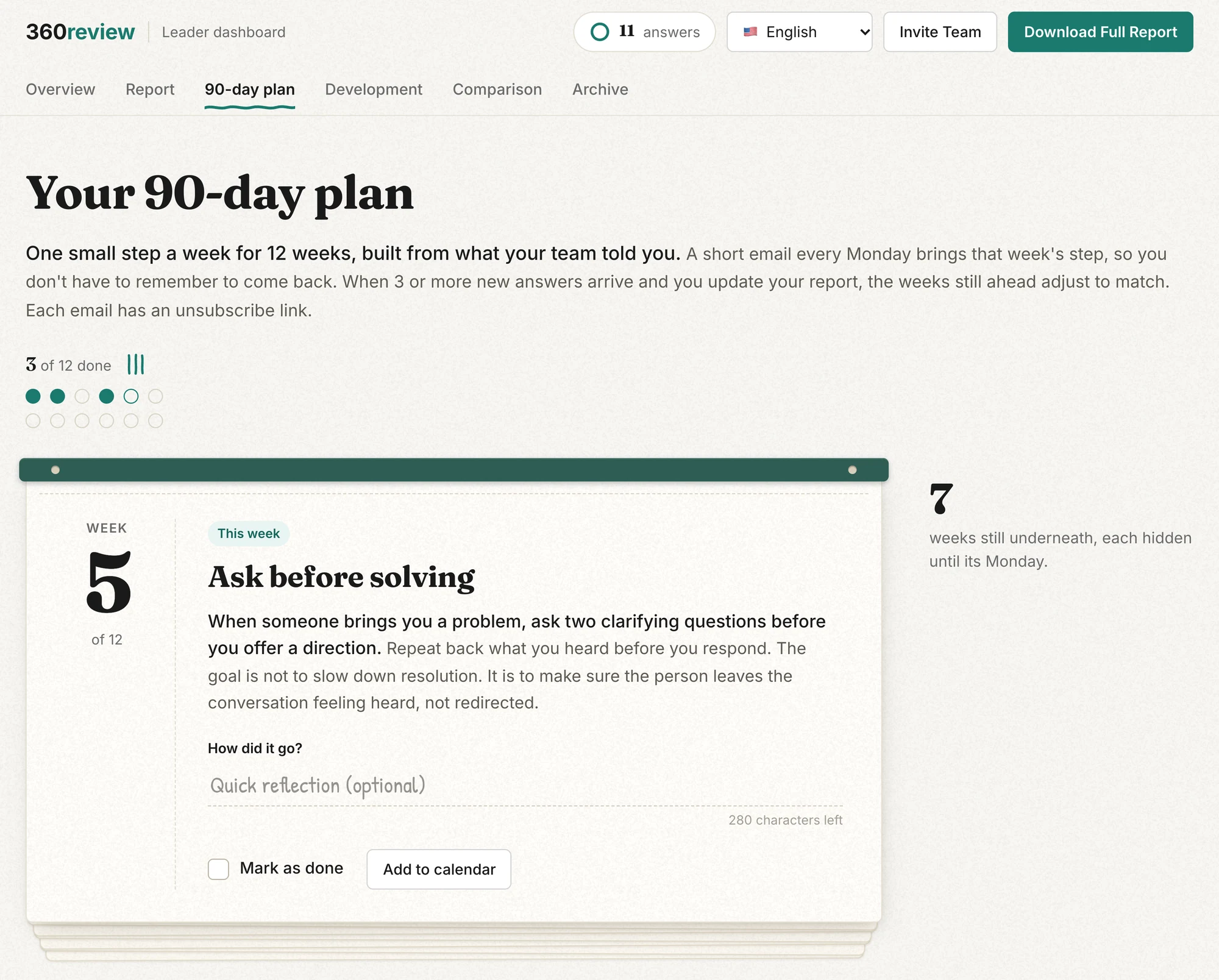 The 90-day plan tab: a short note on how the plan works, then this week's step.