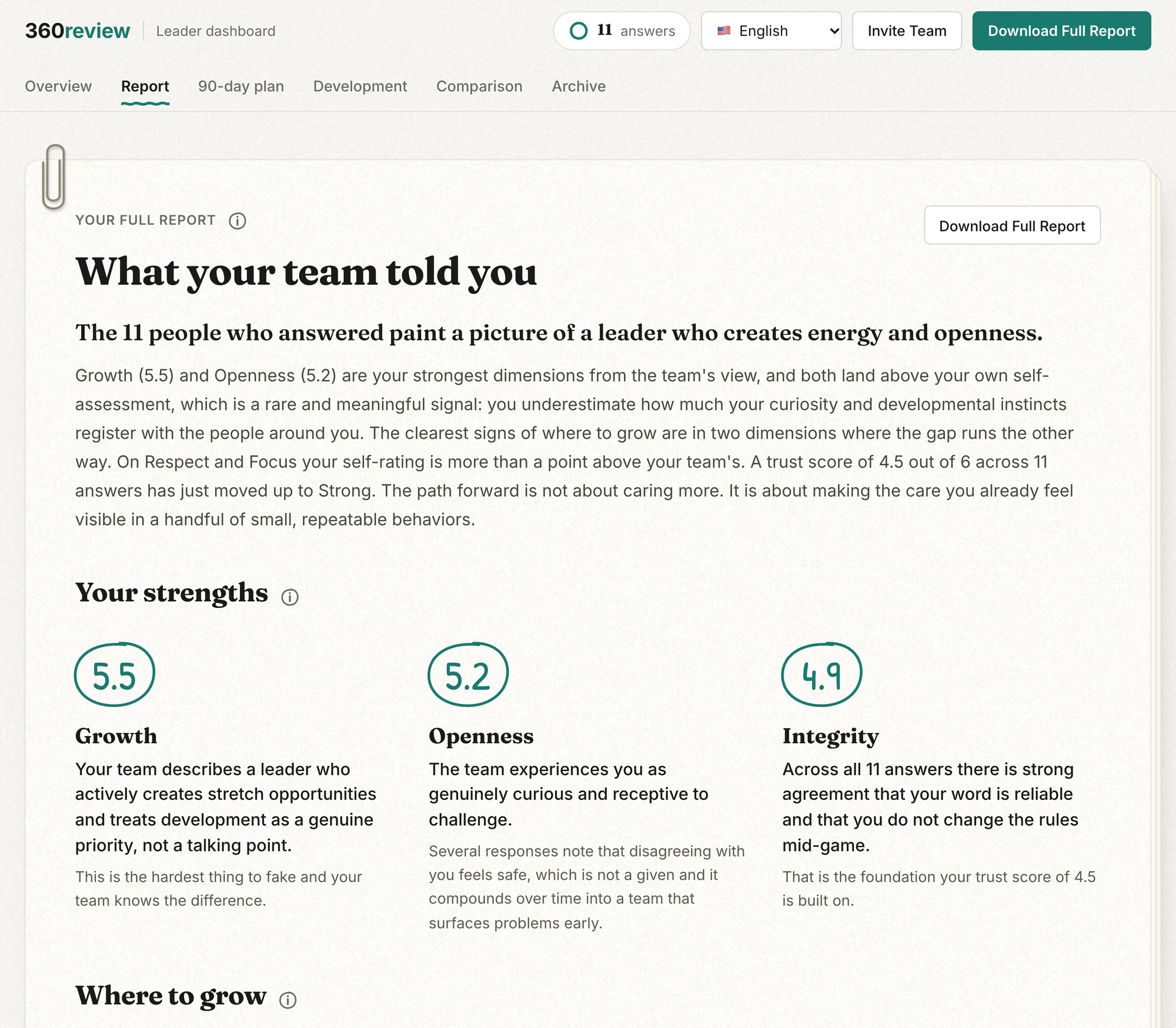The Report tab: an executive summary followed by Strengths and Growth areas, each naming the dimension and its scores.
