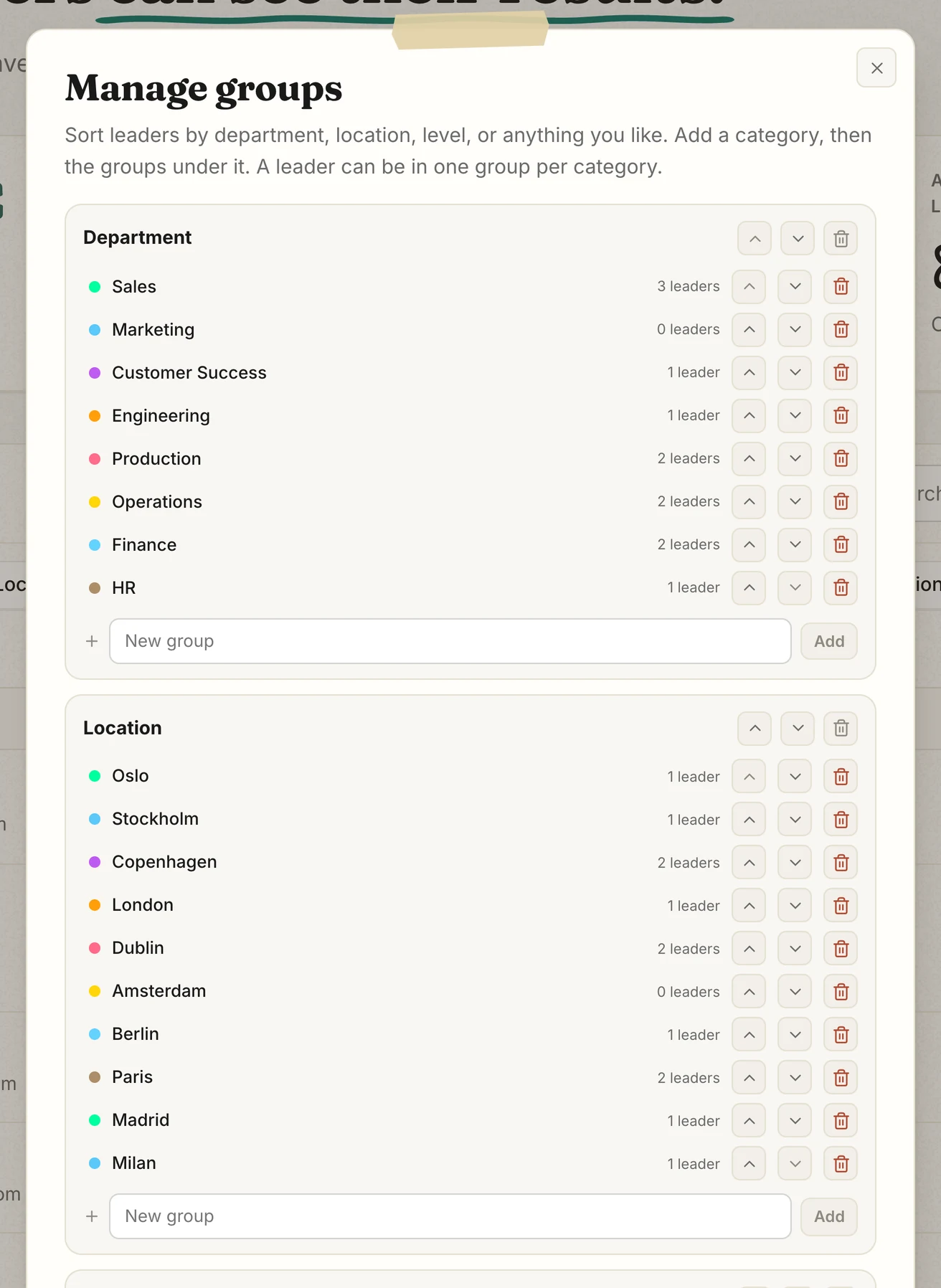 The Manage groups window: the Department category with its groups Sales, Marketing, Customer Success and more, each with a leader count, and a Location category below.