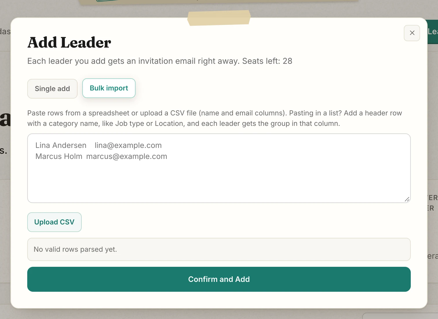The Add Leader window on the Bulk import tab, with a paste area for names and emails and an Upload CSV button.