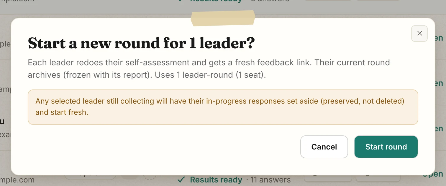 The confirmation window, "Start a new round for 1 leader?", explaining that the leader redoes their self-assessment, gets a fresh link, and that the current 360 is archived with its report.