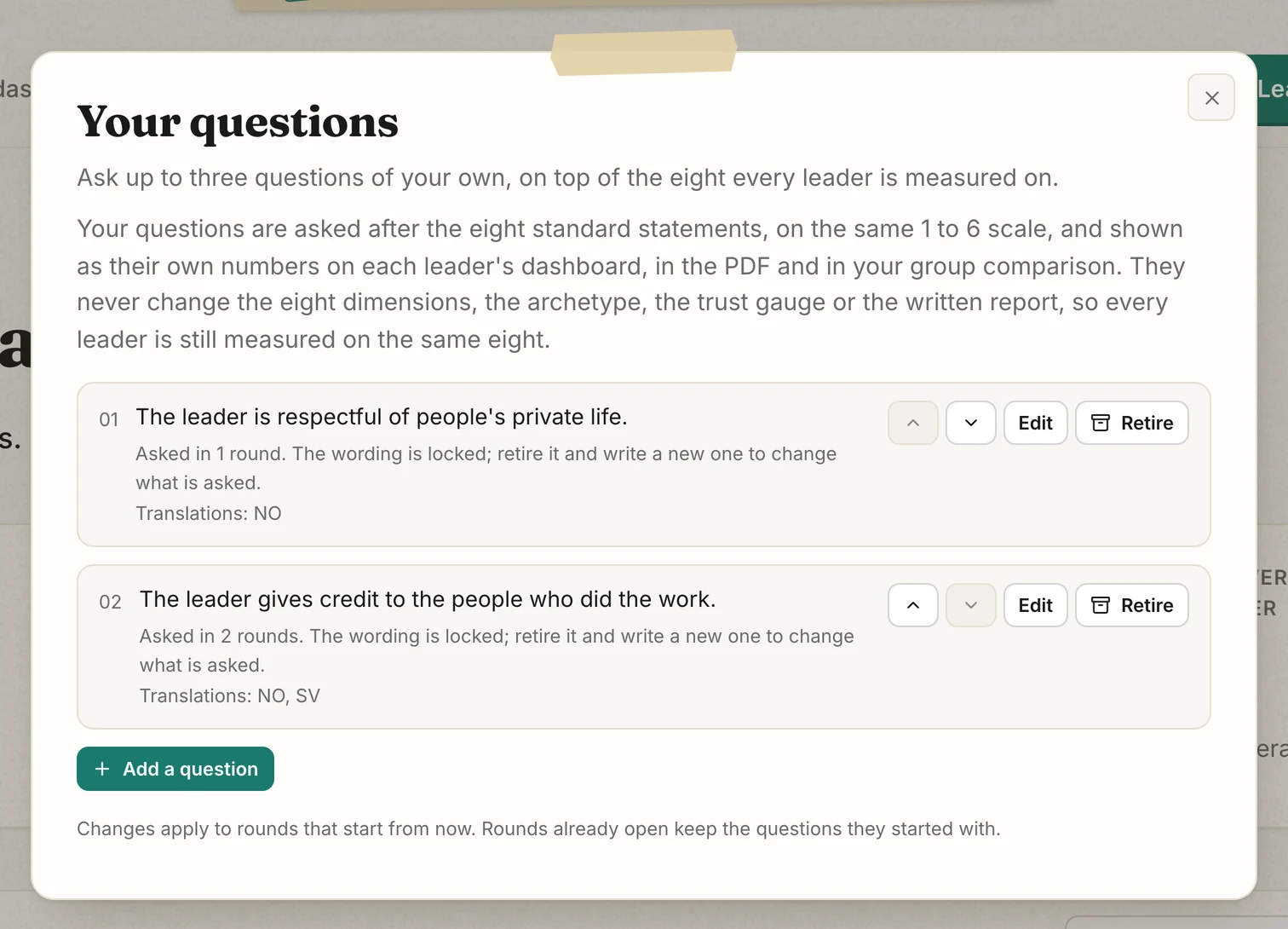 The "Your questions" window in the admin dashboard, listing 2 questions with "Edit" and "Retire" buttons and an "Add a question" button.